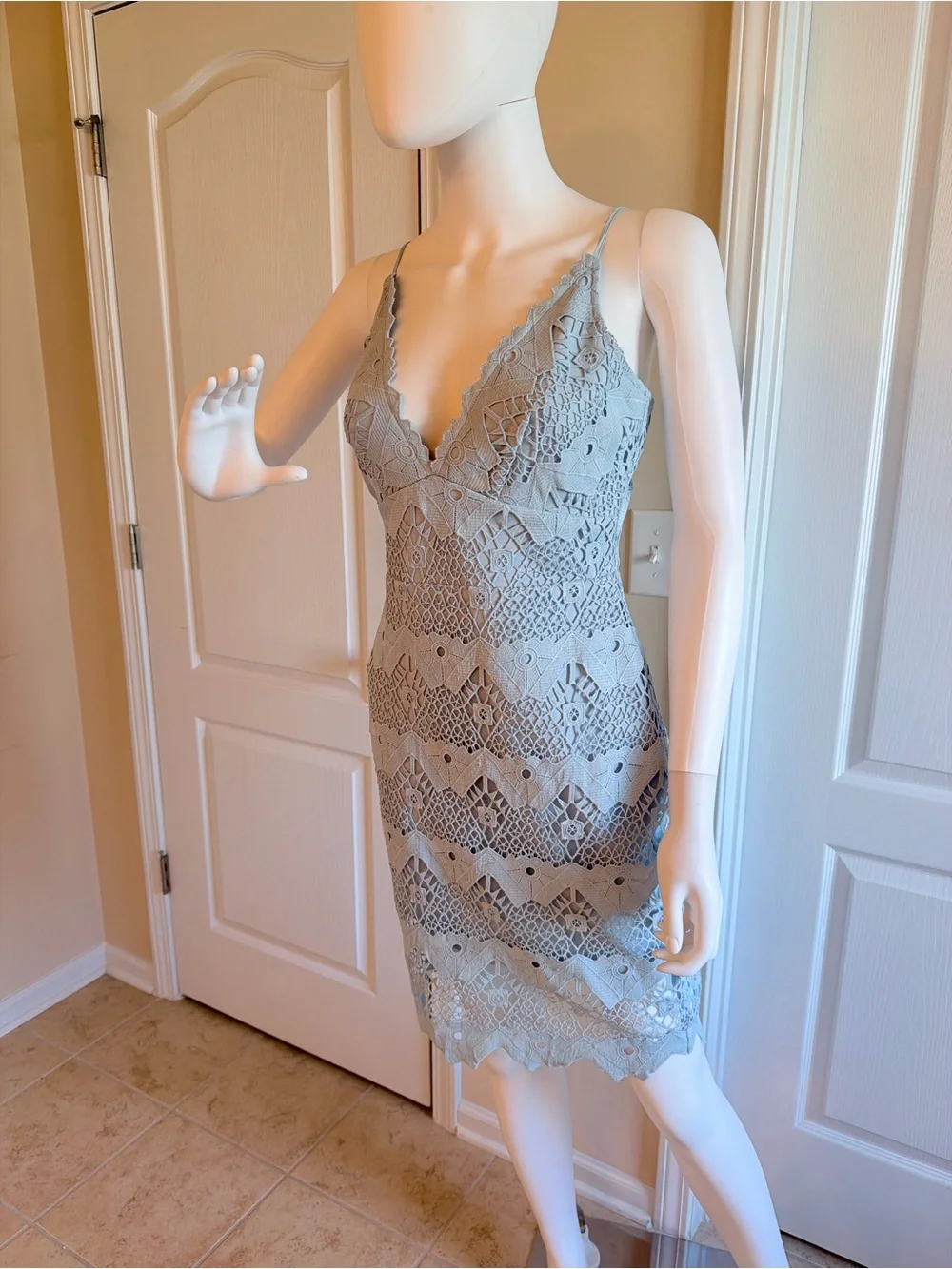 Lulus Sway Away Light Blue Crochet Lace V-Neck Dress Size S